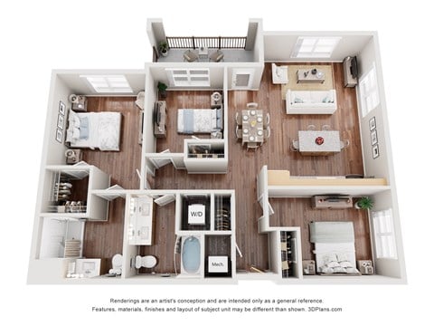 Floor plan for 3 beds, 2 baths, 1220 sqft